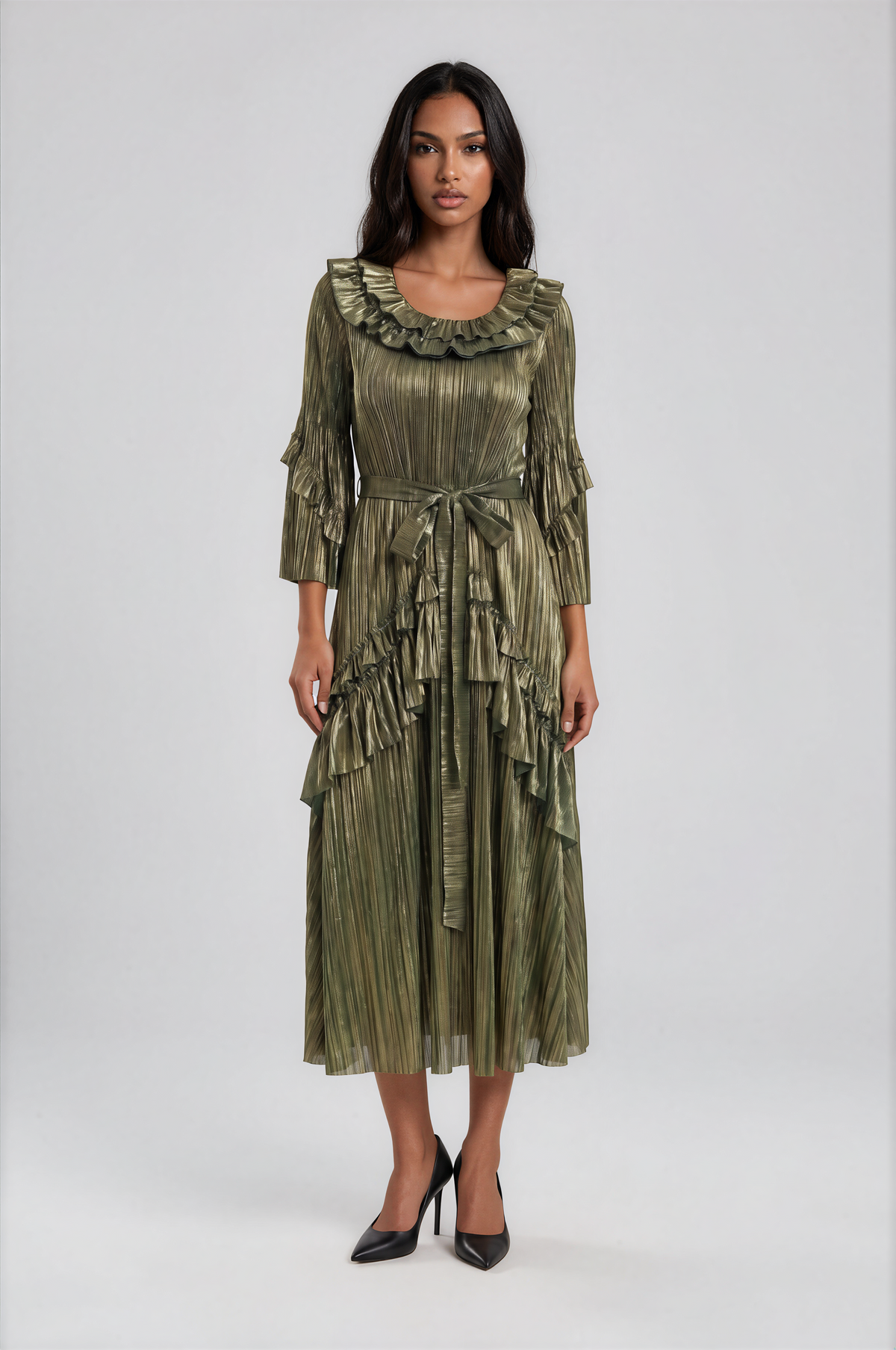 metallic pleated dress Metallic Pleated Ruffle Midi Dress