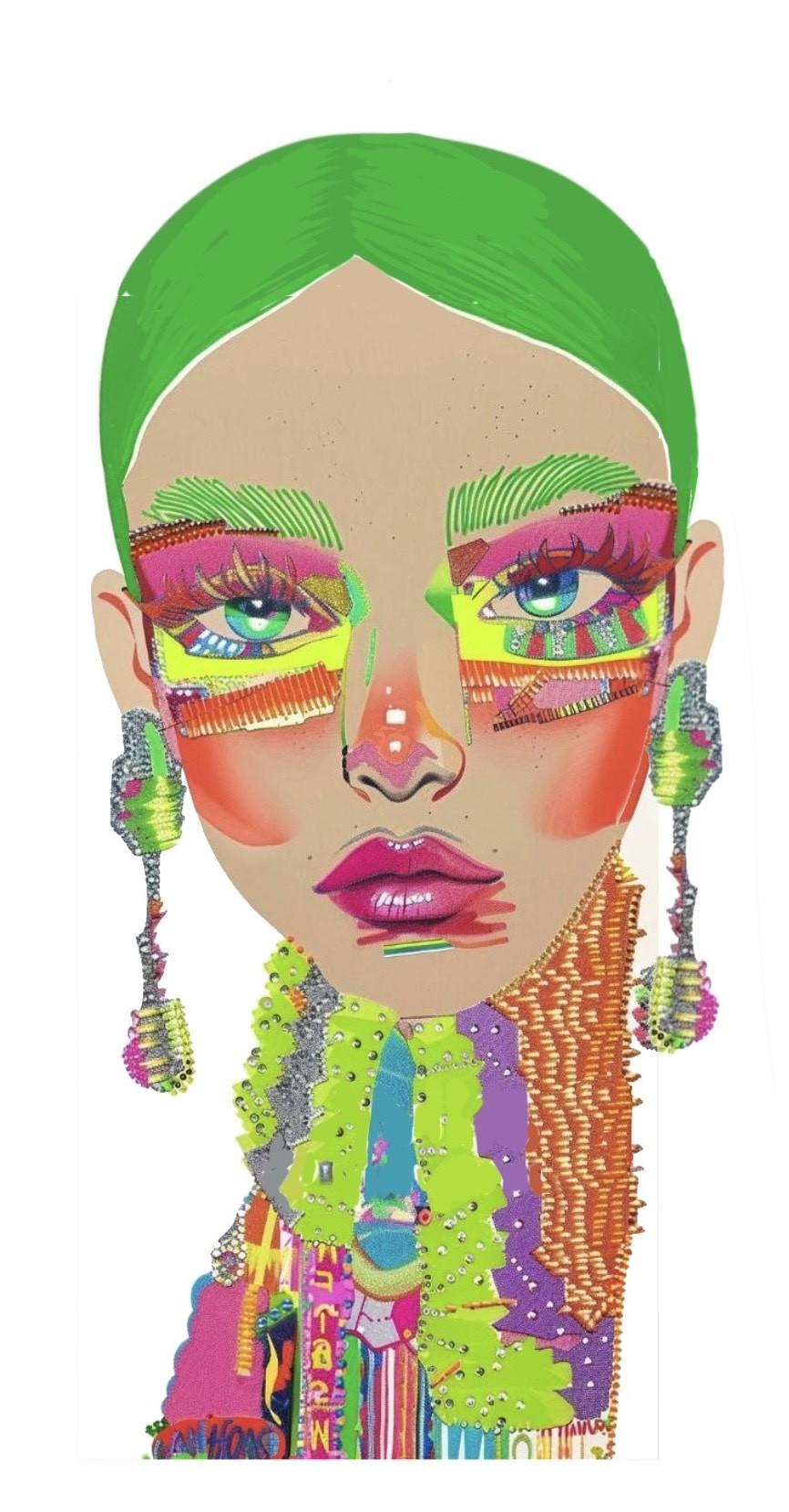 Electric portrait graphic design with colorful rhinestone embellishments on white tee, vibrant face artwork detail For Her NYC