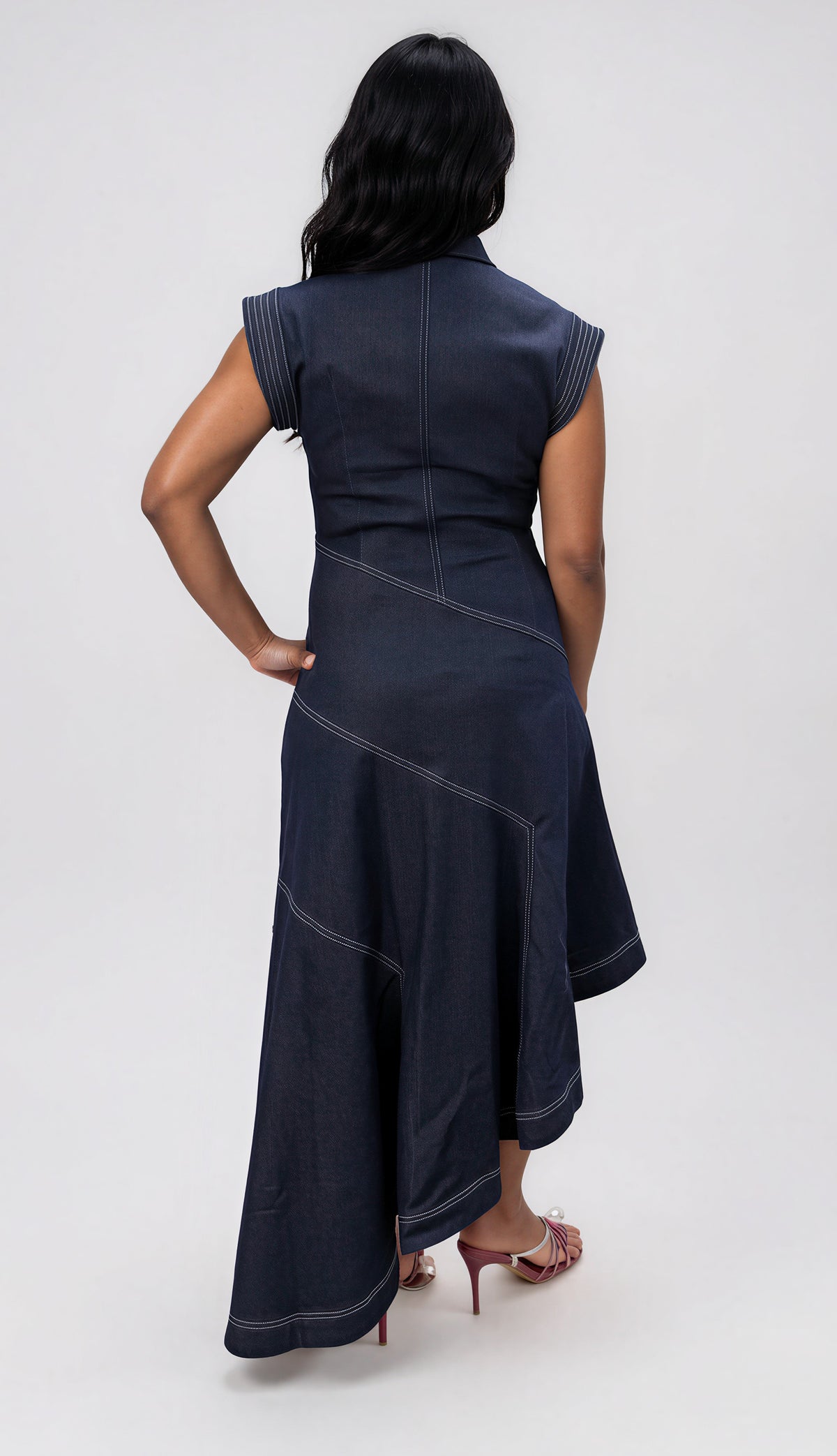 Crystal Stud Asymmetrical Denim Maxi Dress - 83331