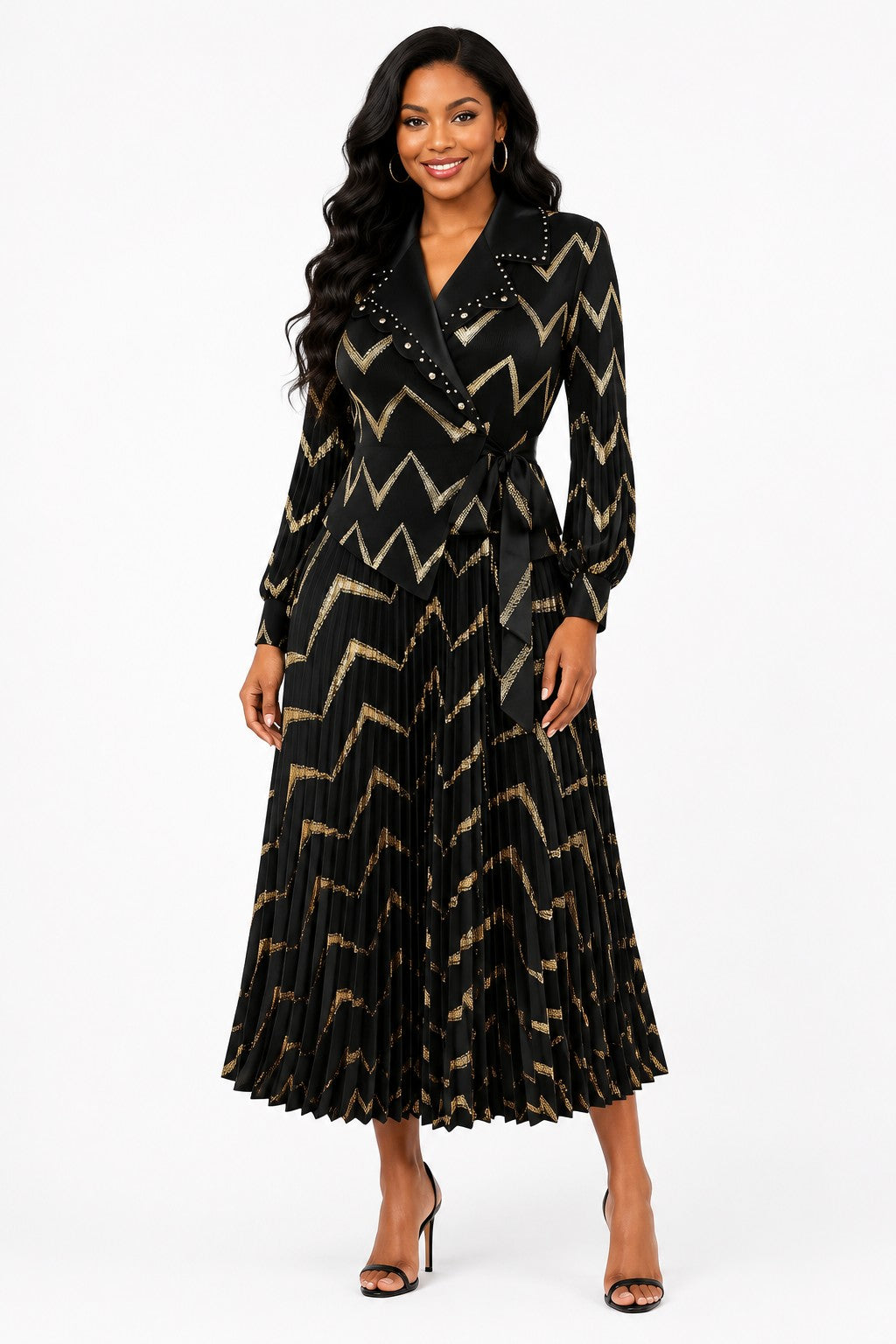 Metallic Chevron Pleated Dress - 83458