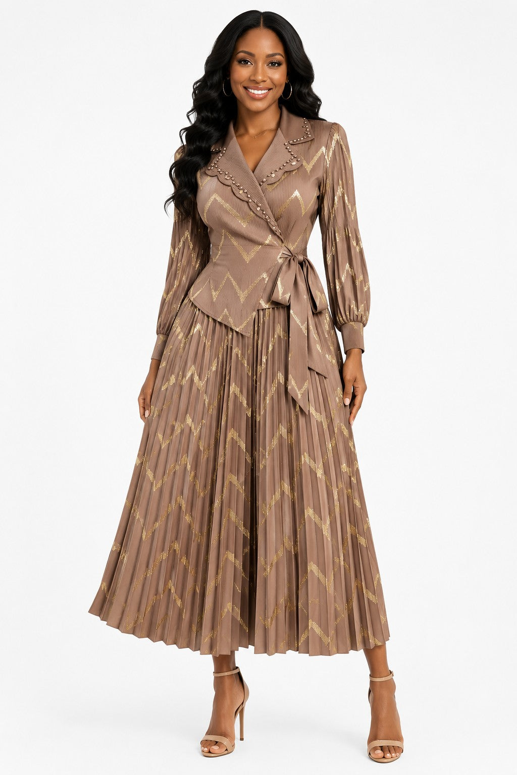 Metallic Chevron Pleated Dress - 83458