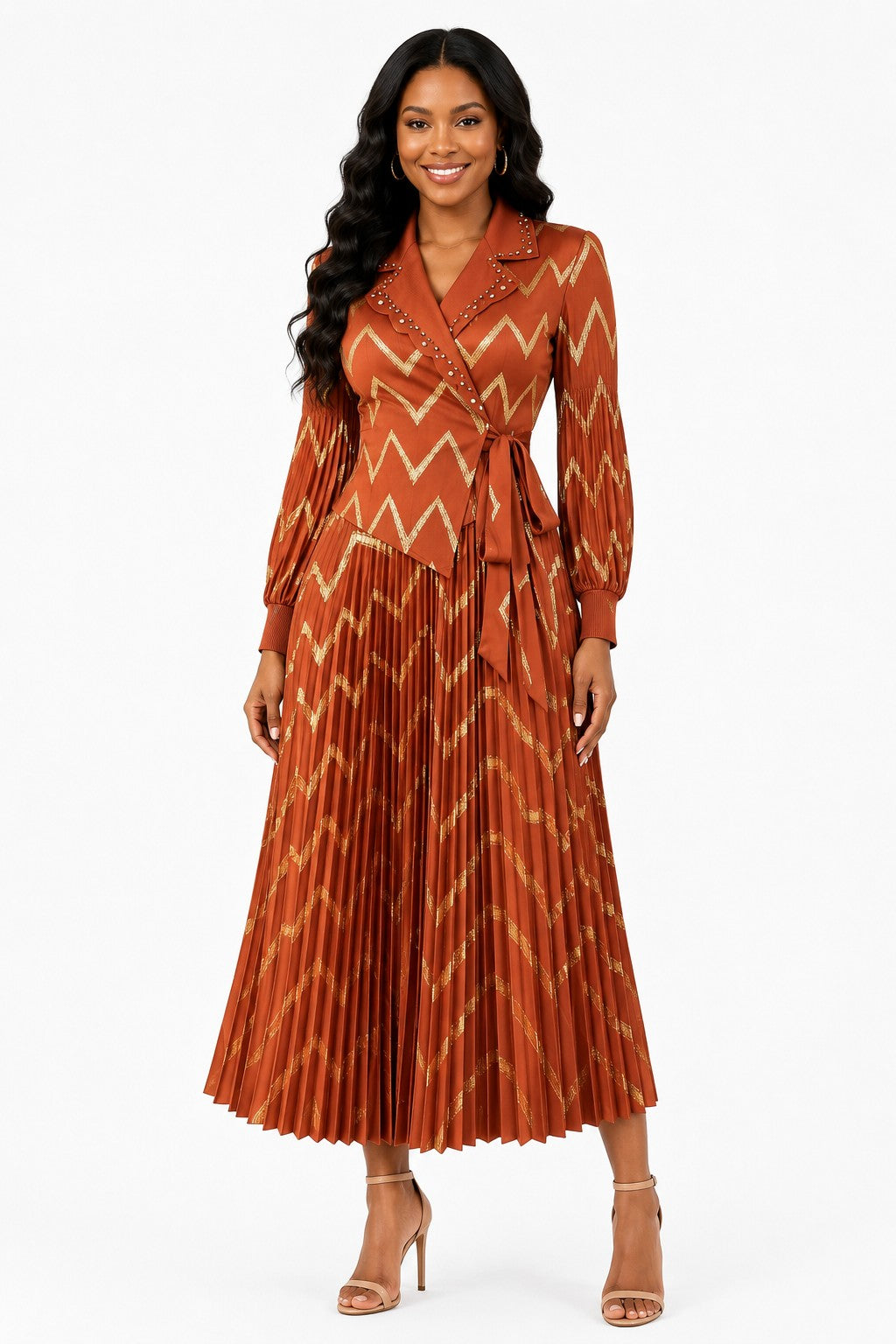 Metallic Chevron Pleated Dress - 83458