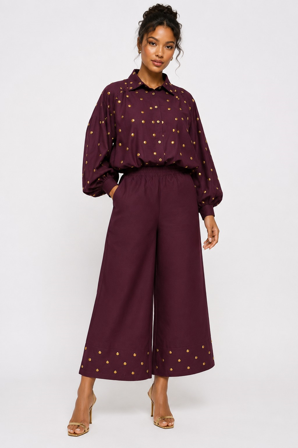 Gold Stud Embellished Wide-Leg Pant Set - 83503