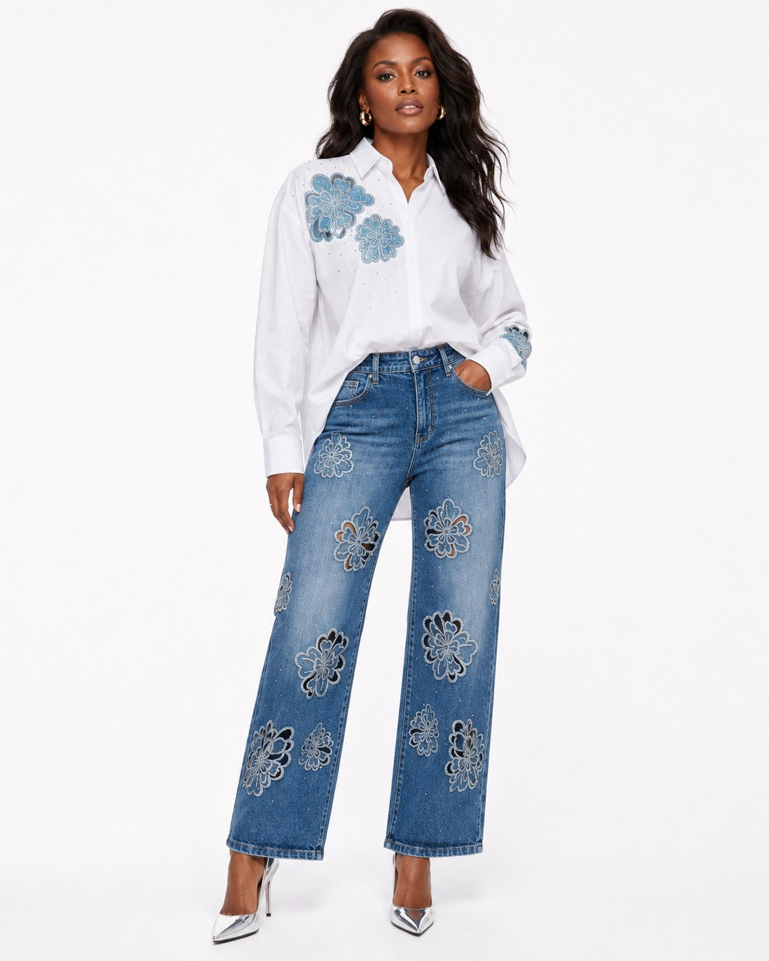 White Floral Embroidered Button Down Shirt-83513
