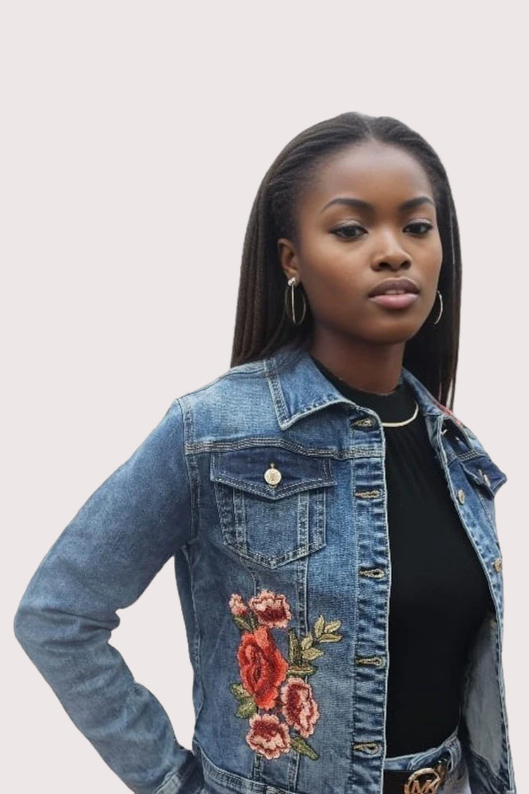 Blue denim embroidered jacket showcasing detailed floral embroidery and relaxed fit, alternate front pose, For Her NYC