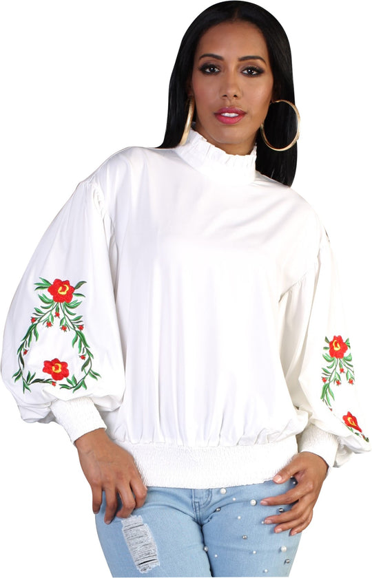 Embroidered Floral Balloon Sleeve Blouse -8782