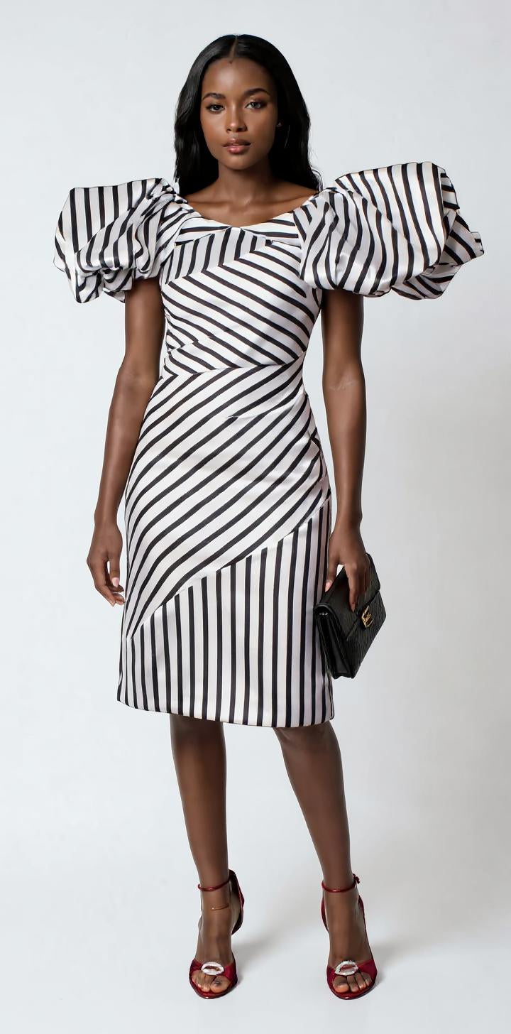 Full front view of a black and white striped midi dress with statement sleeves and fitted silhouette by Tally Taylor