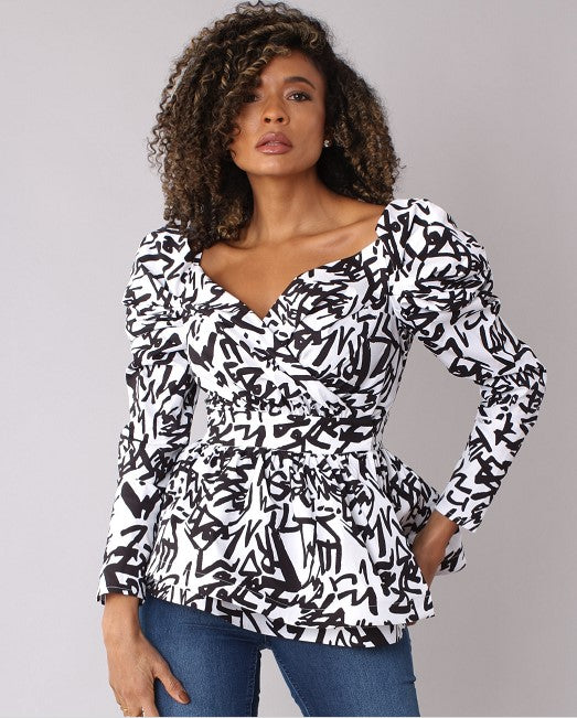Puff Sleeve Wrap Peplum Top -82028