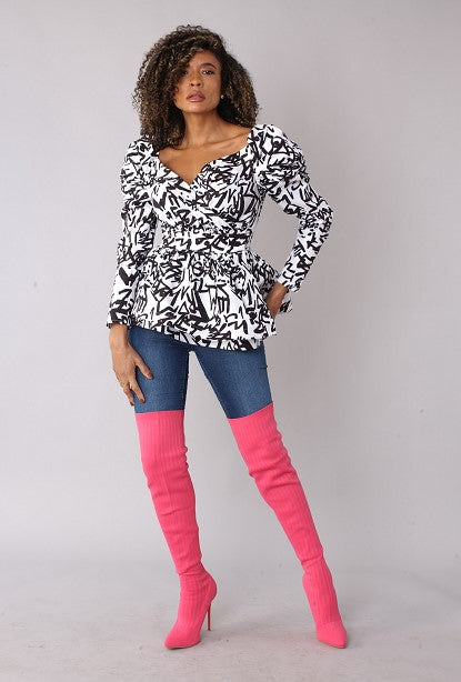 Puff Sleeve Wrap Peplum Top -82028