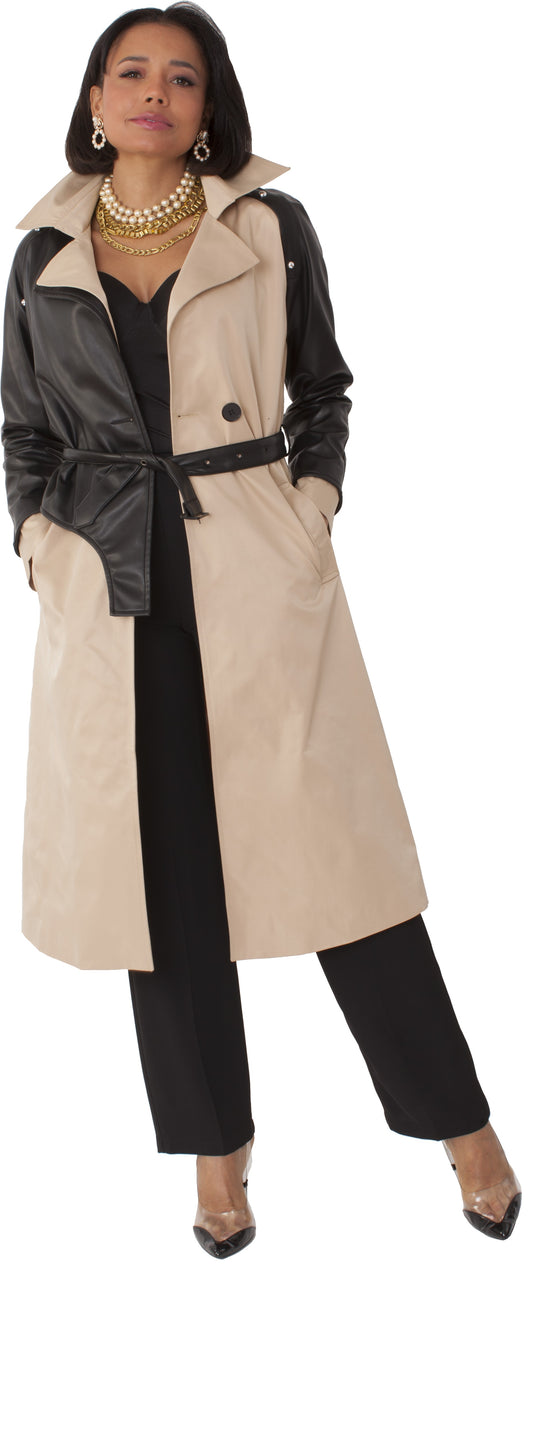 Two-Tone Leather Sleeve Trench Coat - Classic Belted Long Coat - Style #82525