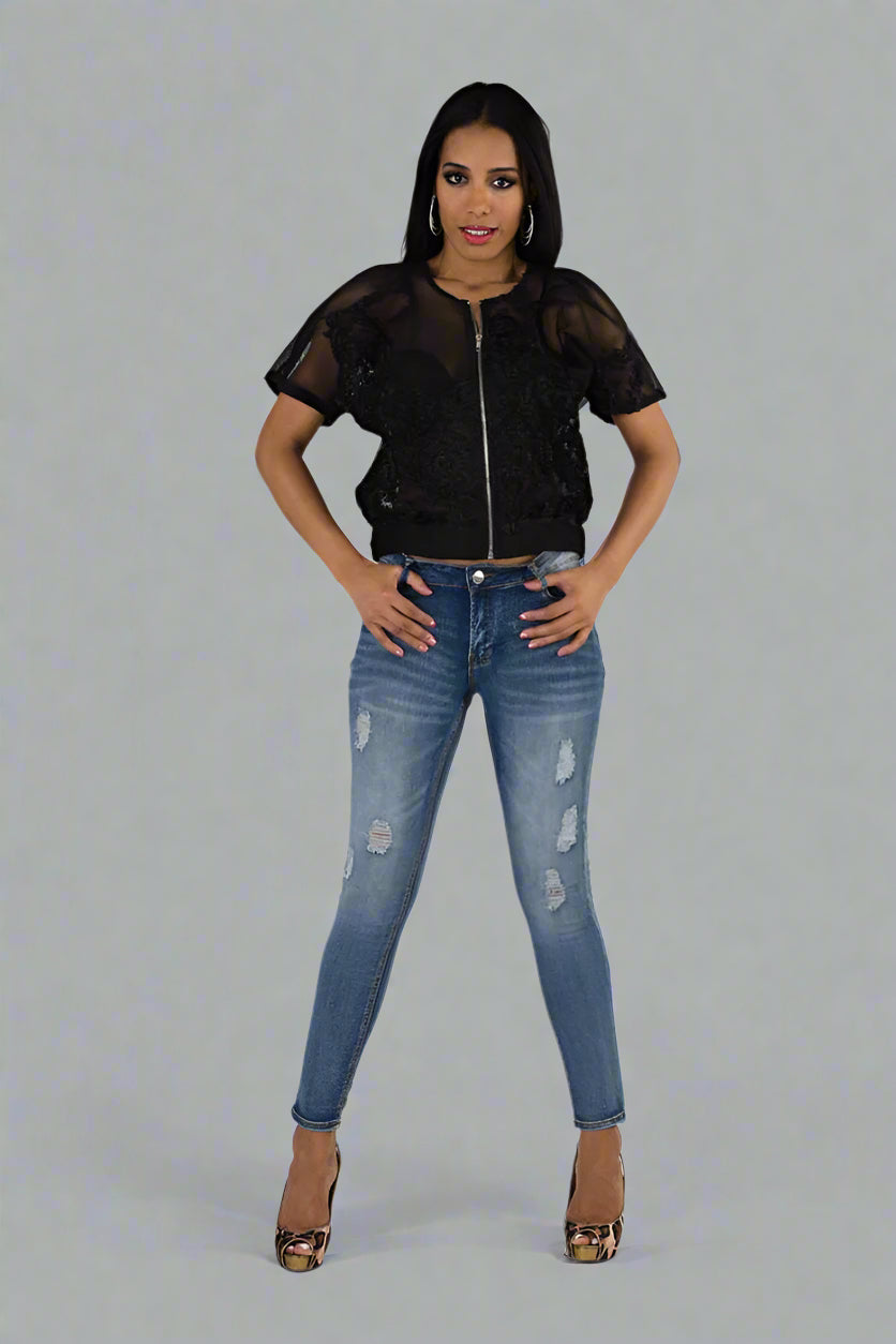 Black mesh bomber jacket front pose featuring sheer mesh short sleeves and modern edgy streetwear look.