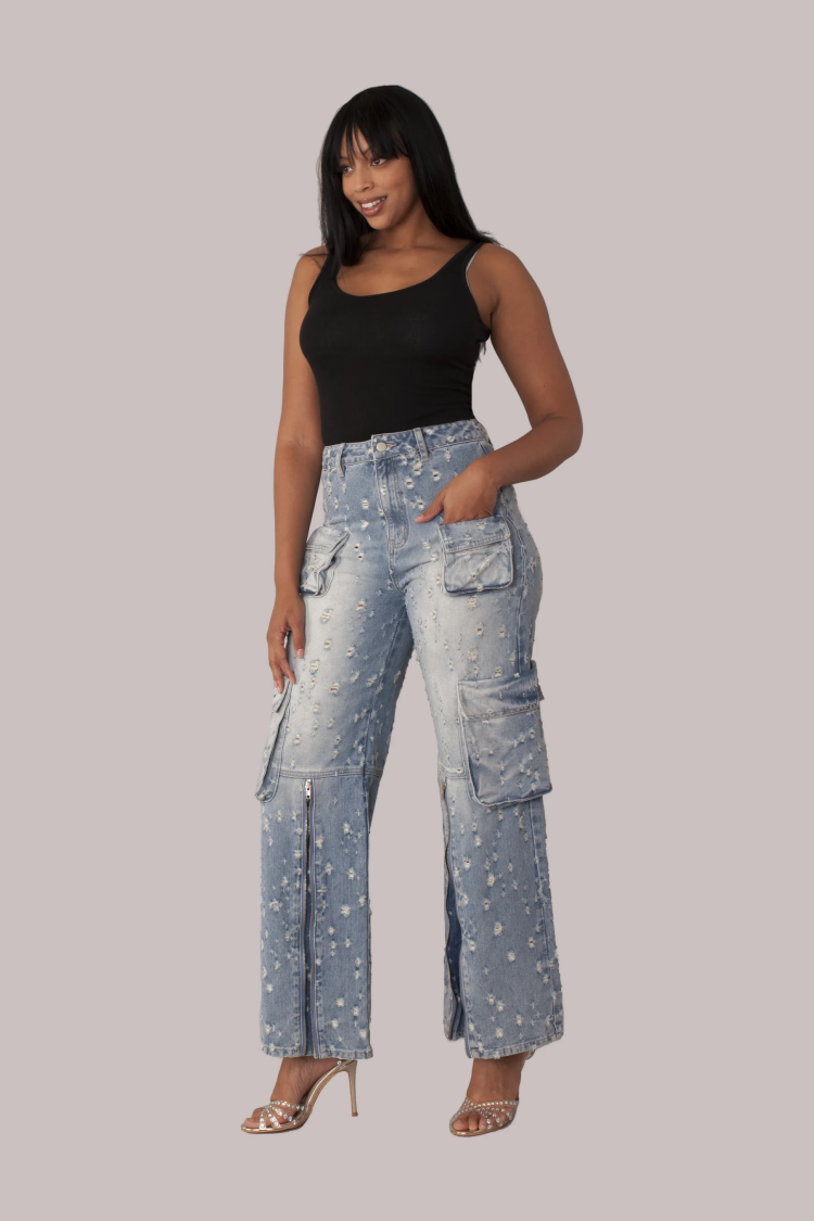 Distressed Denim Cargo Jeans -82385