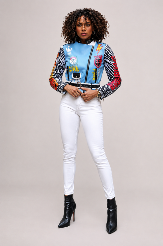 Leather Zebra-Print Moto Jacket with Embroidered Tiger- 81762