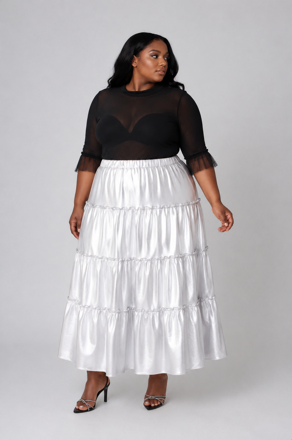Silver Metallic Tiered Maxi Skirt -82477