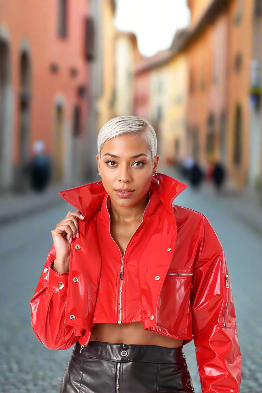 Cropped Red Vinyl Jacket -81757