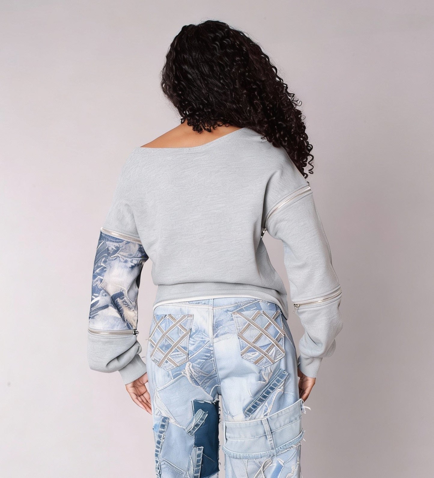 Back view of a grey off-shoulder sweatshirt featuring denim patchwork accents, styled with matching denim bottoms — For Her NYC