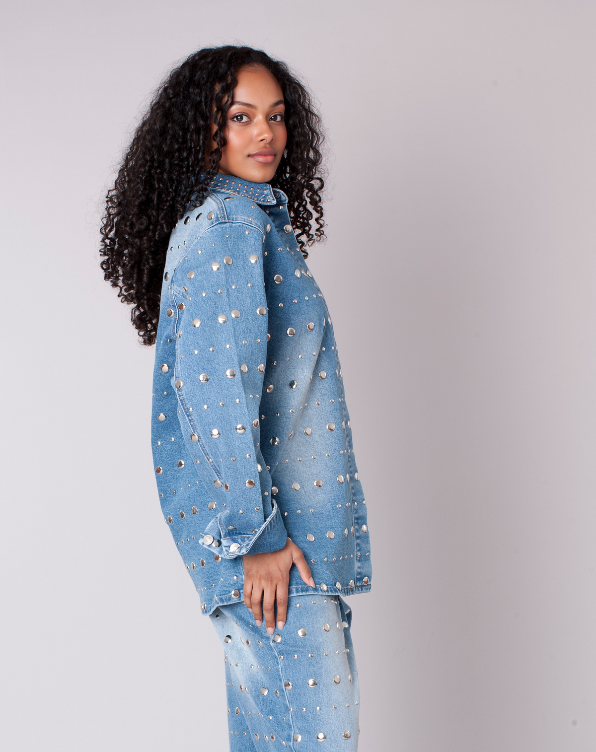 Denim mirror stud jacket with allover detailing and side view – For Her NYC