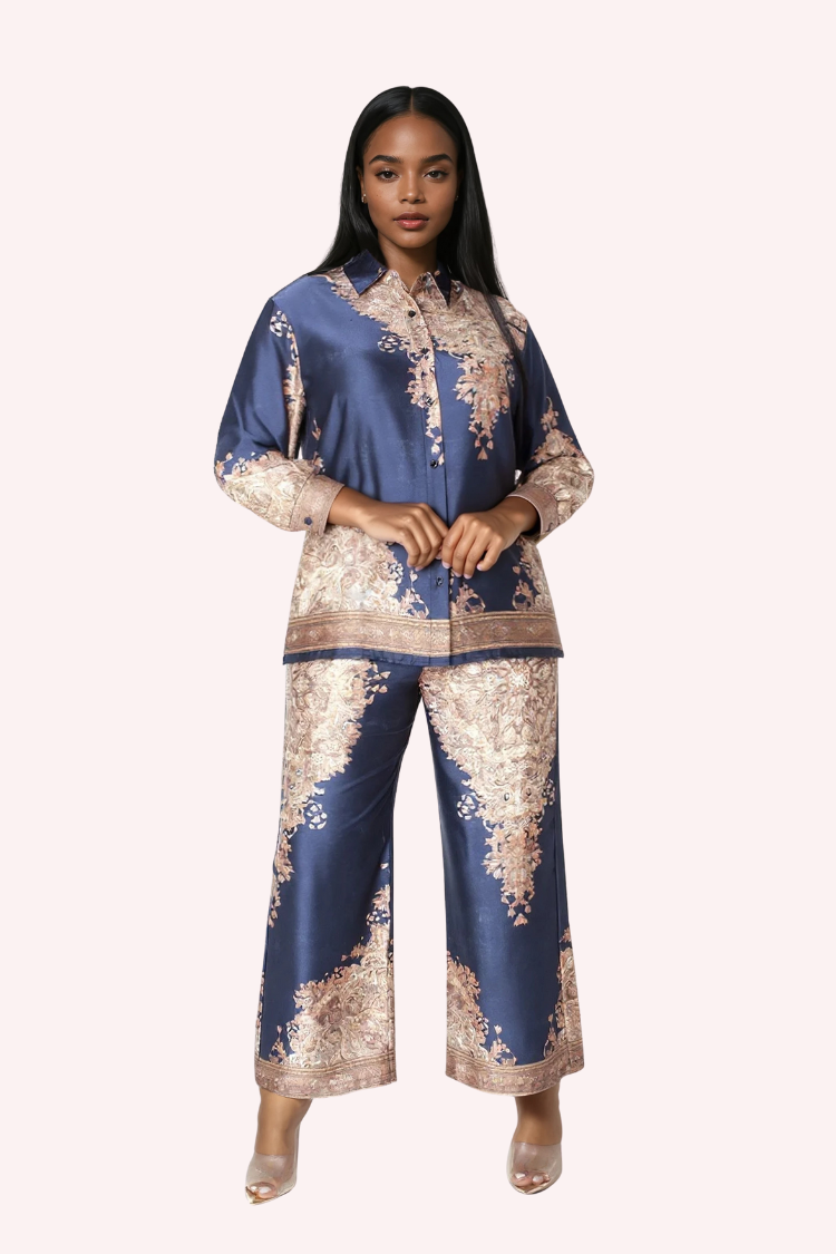 Baroque Print Satin Pant Set -82895