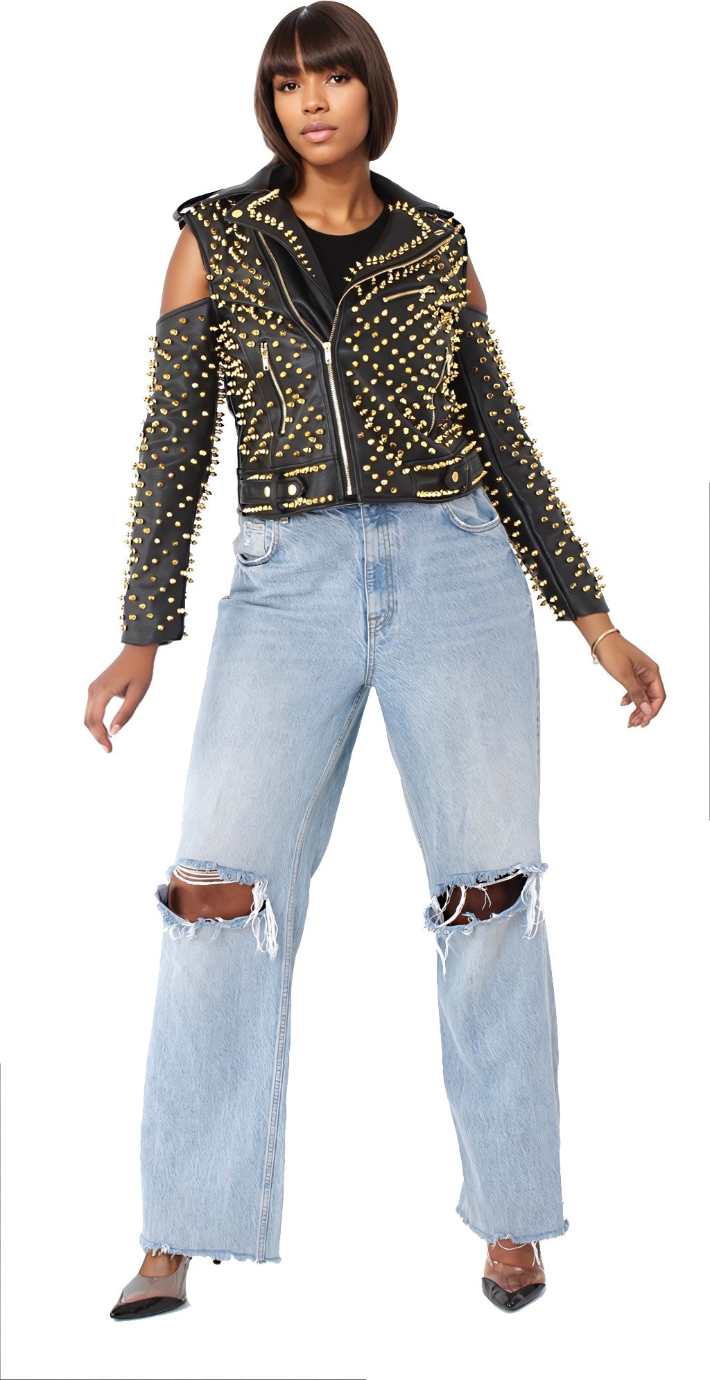 Studded Pleather Moto Jacket with Open Shoulders- 81936