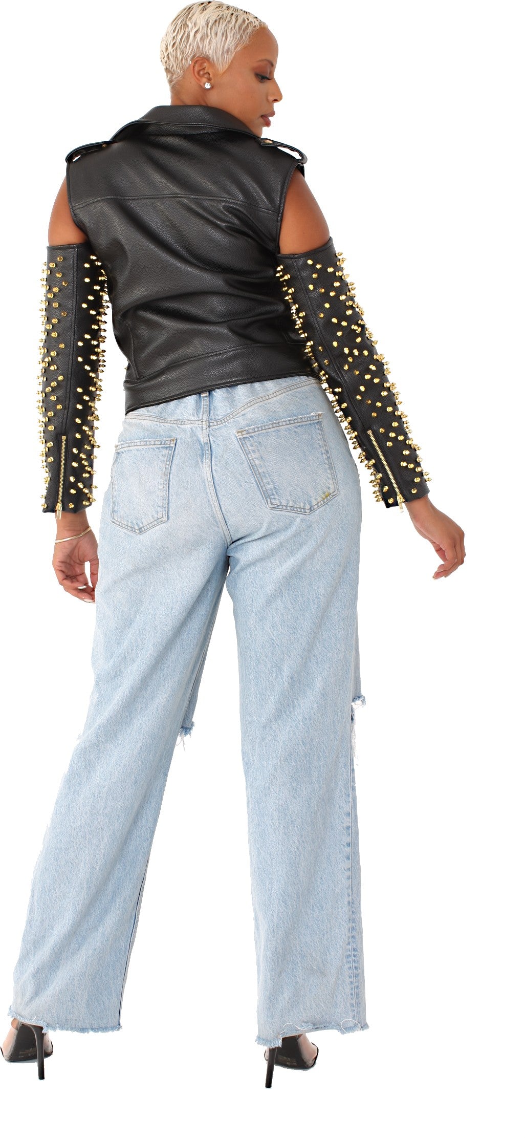 Studded Pleather Moto Jacket with Open Shoulders- 81936