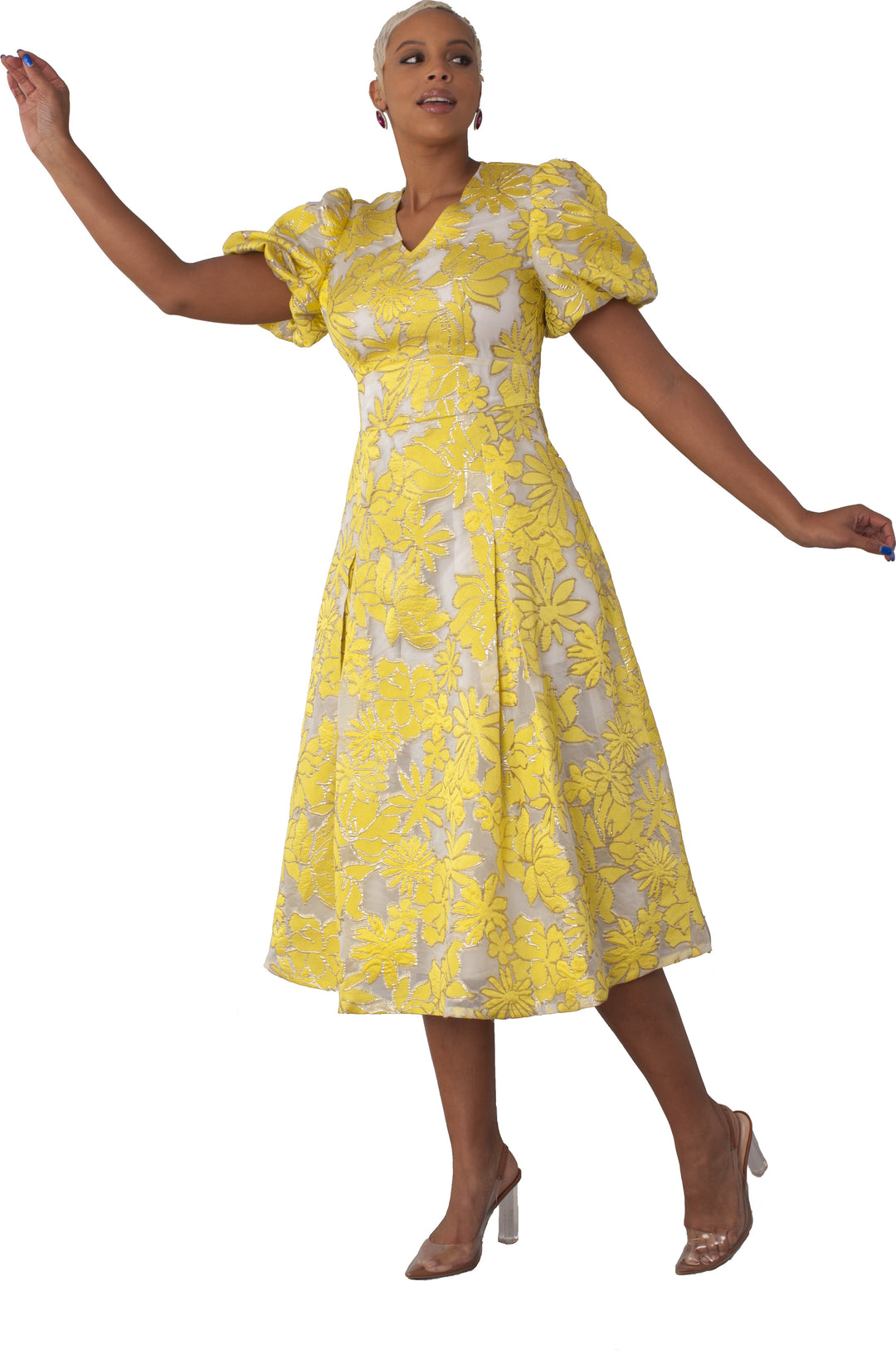 Yellow Floral Jacquard Puff Sleeve Midi Dress - 82186