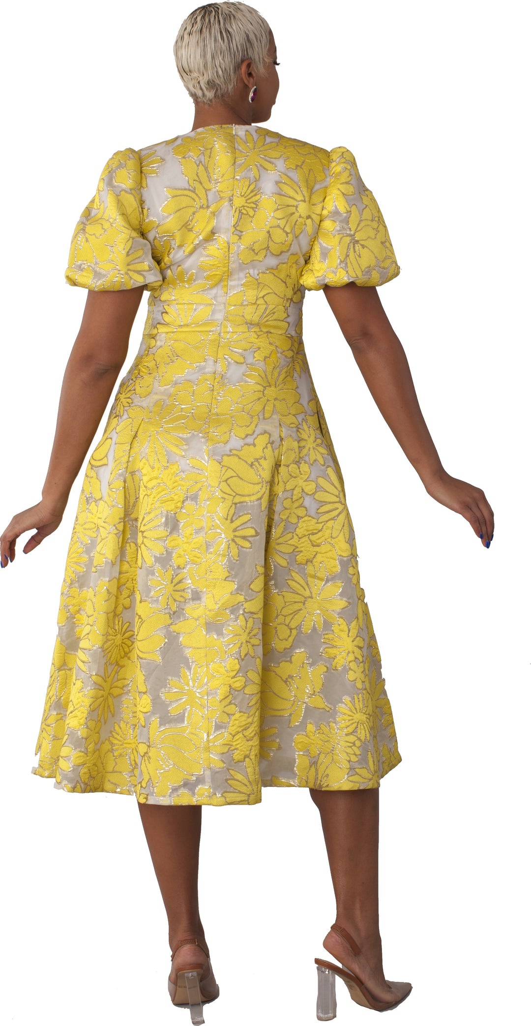 Yellow Floral Jacquard Puff Sleeve Midi Dress - 82186