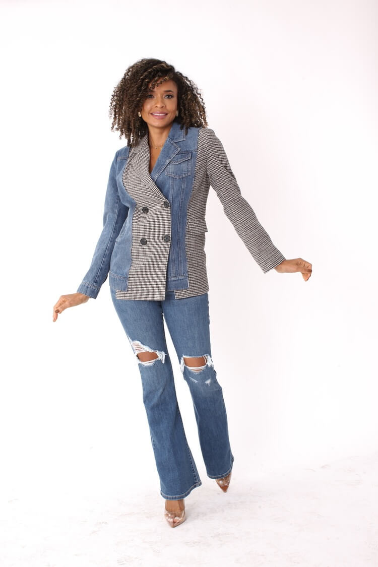 Mixed Media Denim and Houndstooth Blazer- 82012