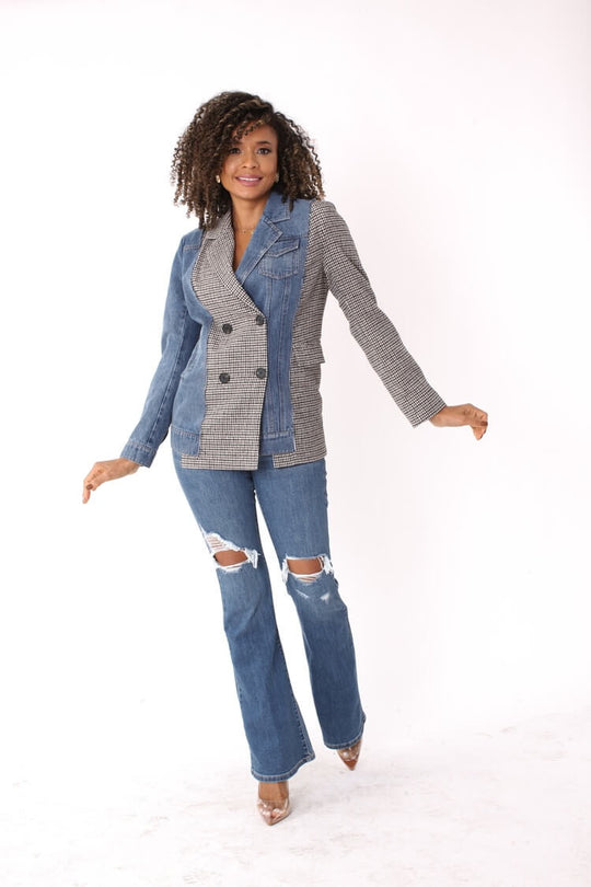Mixed Media Denim and Houndstooth Blazer- 82012