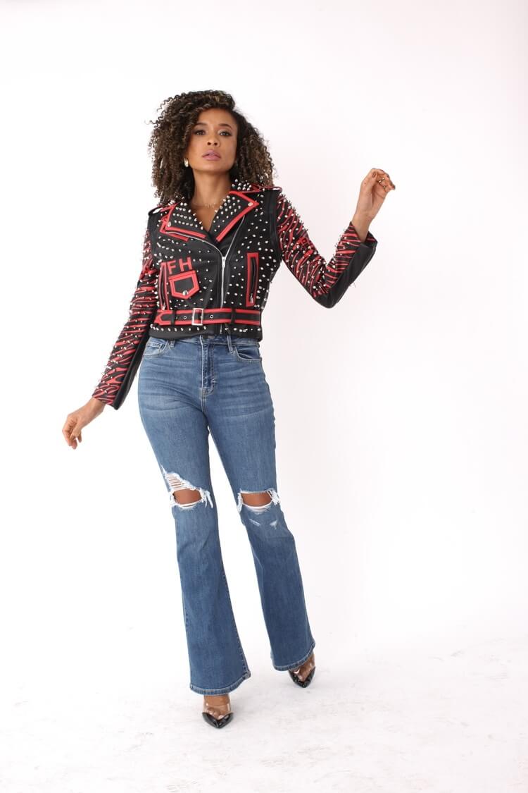 Studded Leather Jacket with Detachable Sleeves - 81989