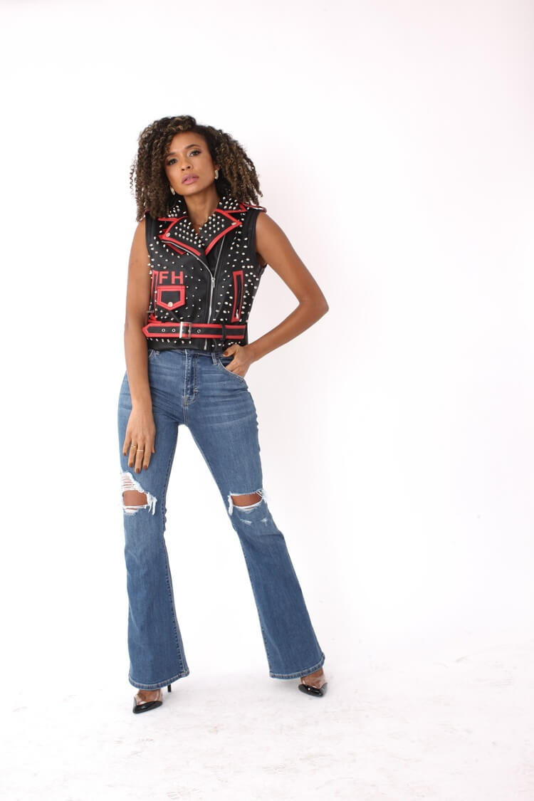 Studded Leather Jacket with Detachable Sleeves - 81989