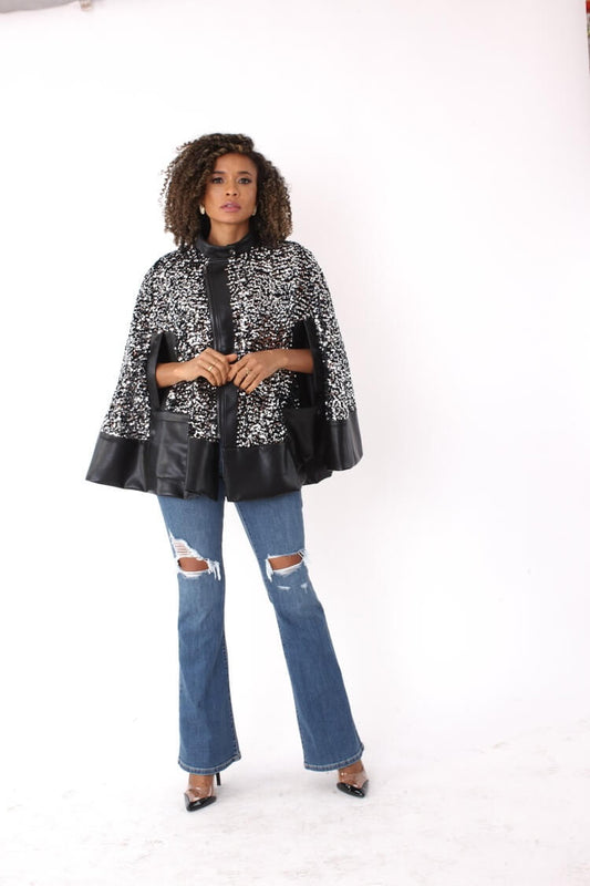 Sequin Embellished Cape with Leather Trim- 81992