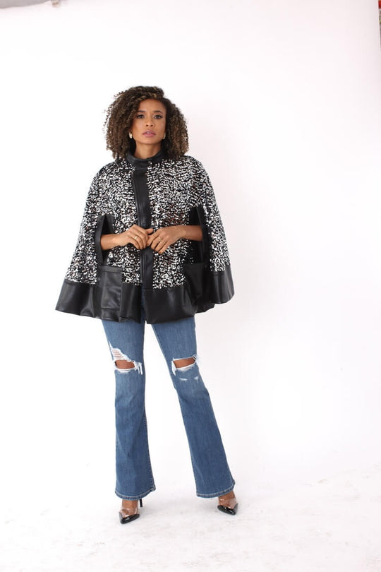 Sequin Embellished Cape with Leather Trim- 81992