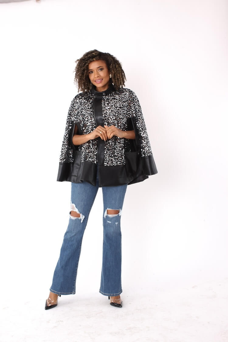 Sequin Embellished Cape with Leather Trim- 81992