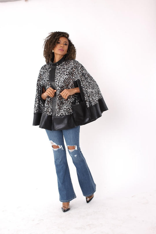 Sequin Embellished Cape with Leather Trim- 81992