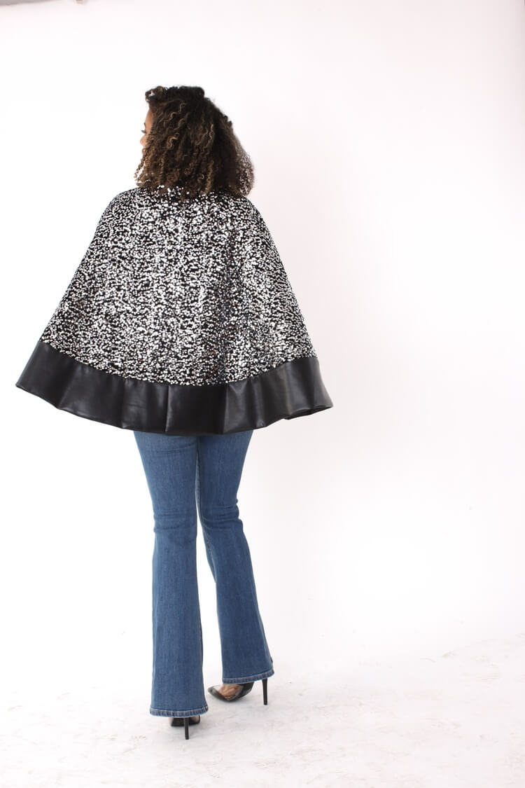 Sequin Embellished Cape with Leather Trim- 81992