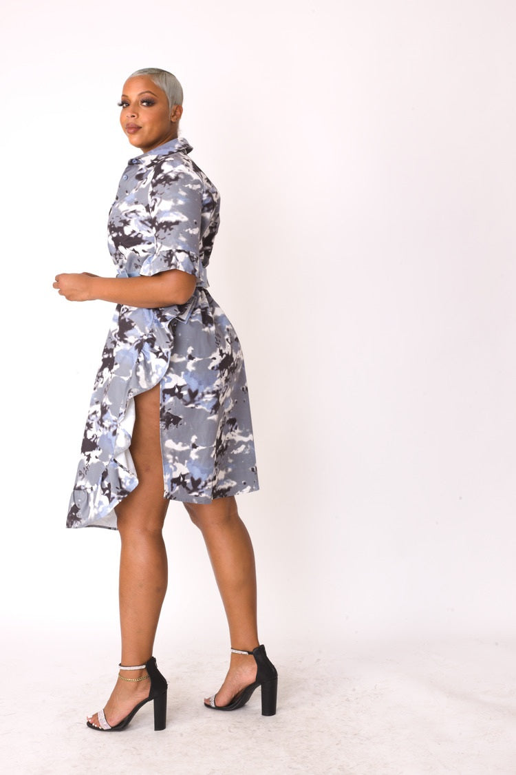 Camo Print Ruffle Midi Dress- 81926