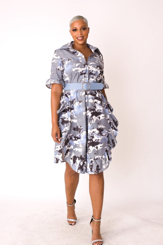 Camo Print Ruffle Midi Dress- 81926