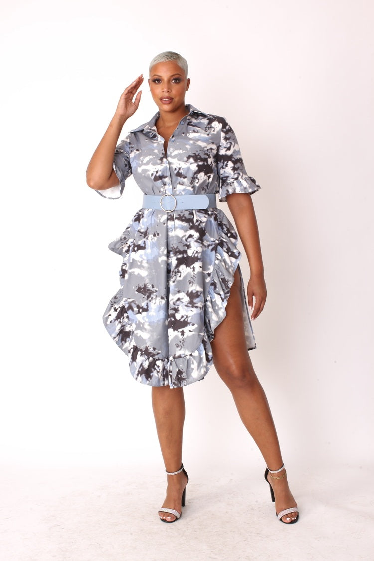 Camo Print Ruffle Midi Dress- 81926