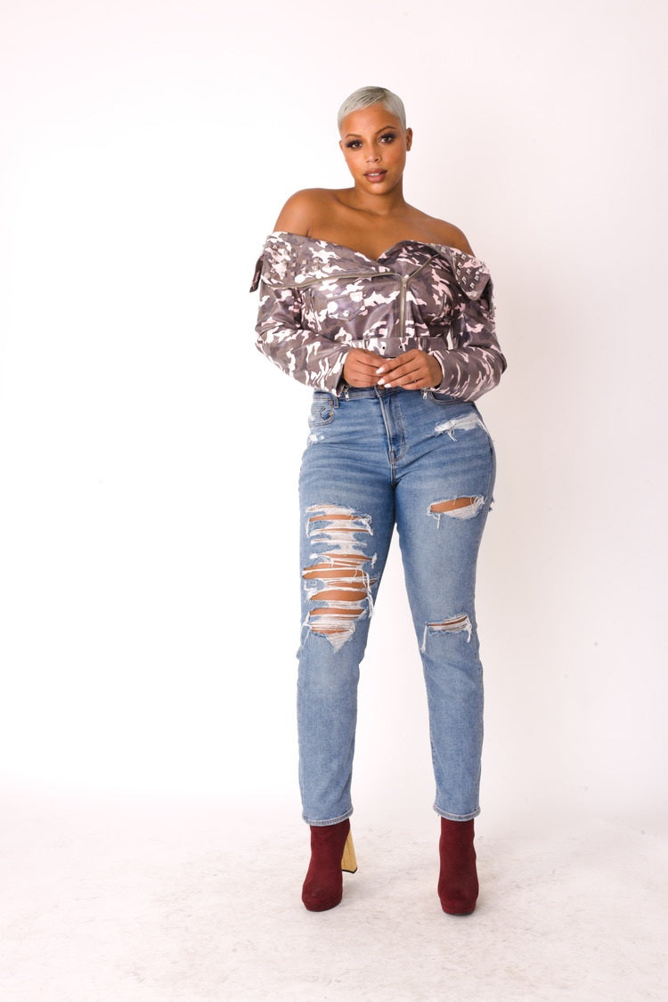 Camo Print Leather Jacket -81923