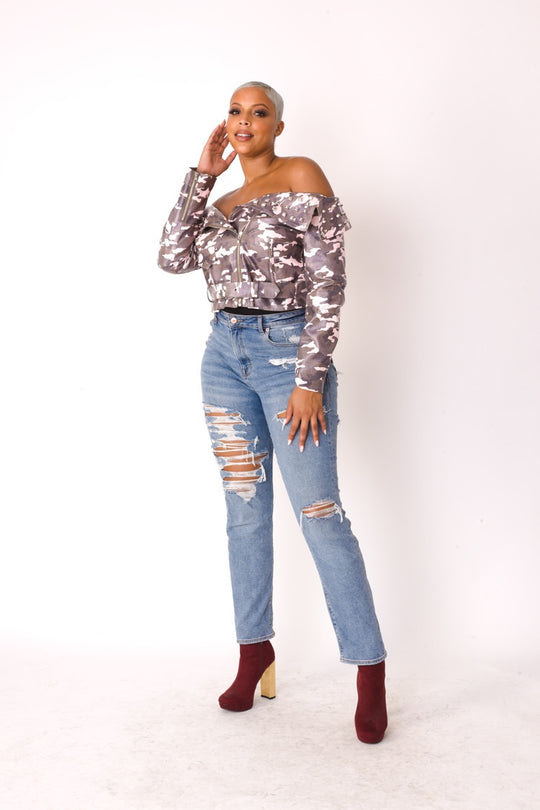 Camo Print Leather Jacket -81923