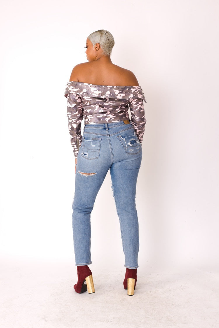 Camo Print Leather Jacket -81923