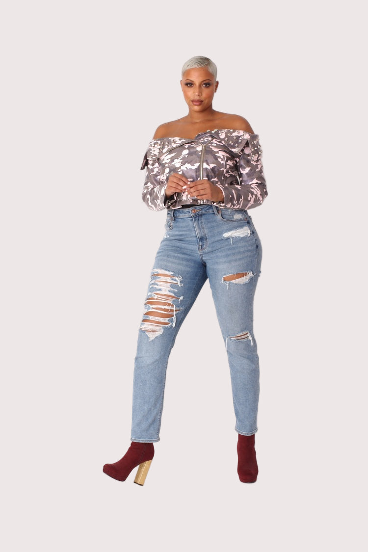 Camo Print Leather Jacket -81923