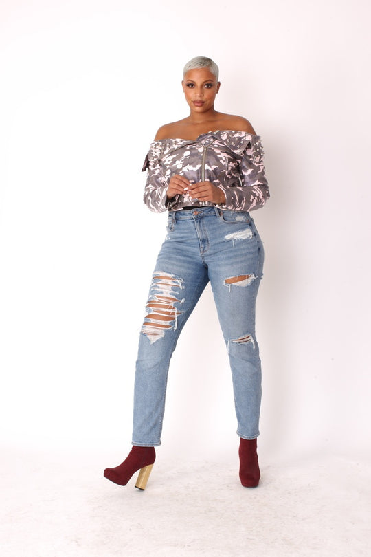 Camo Print Leather Jacket -81923