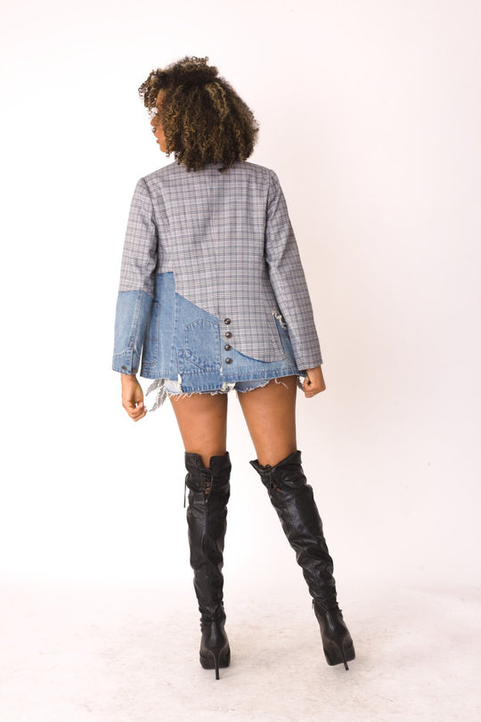 Mixed Denim and Print Blazer Jacket- 81739