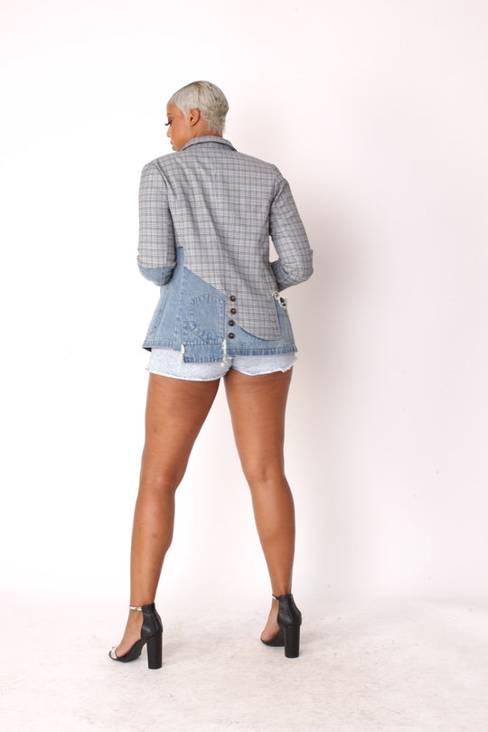 Mixed Denim and Print Blazer Jacket- 81739