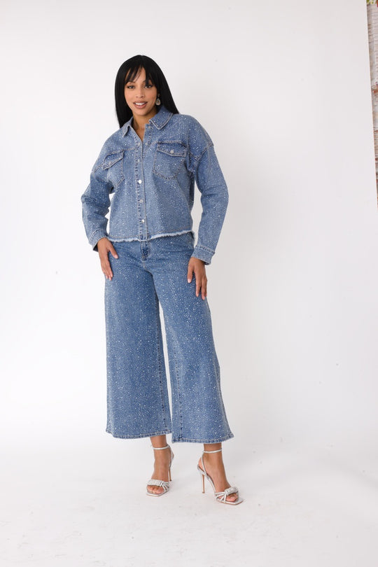 Rhinestone Denim Culottes - 82396