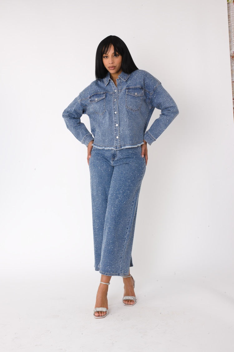 Rhinestone Denim Culottes - 82396