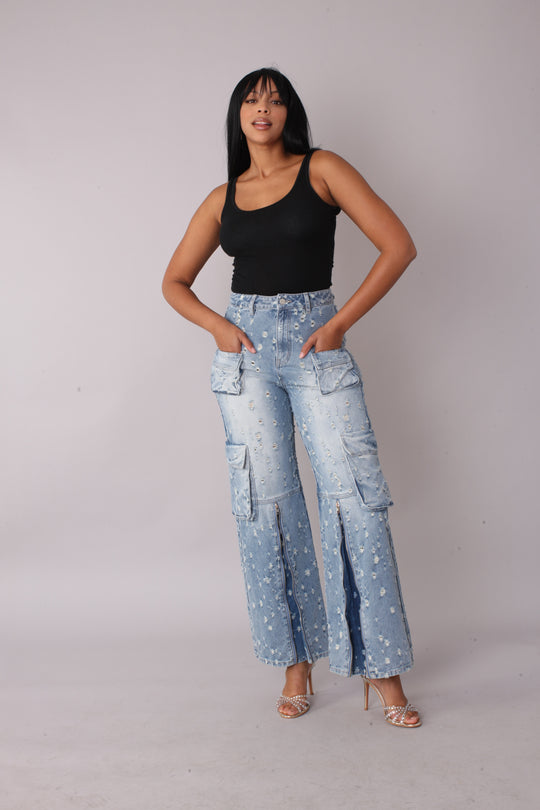 Distressed Denim Cargo Jeans -82385