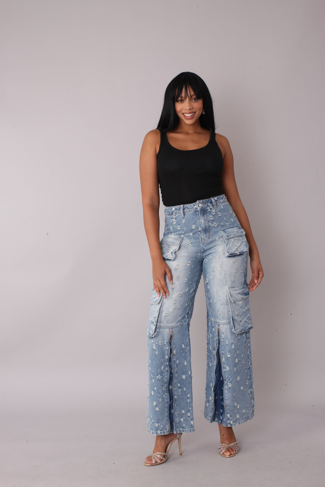 Distressed Denim Cargo Jeans -82385