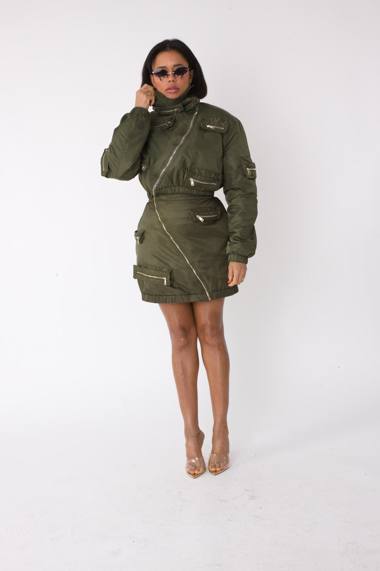 Olive Cropped Utility Bomber Jacket -82404
